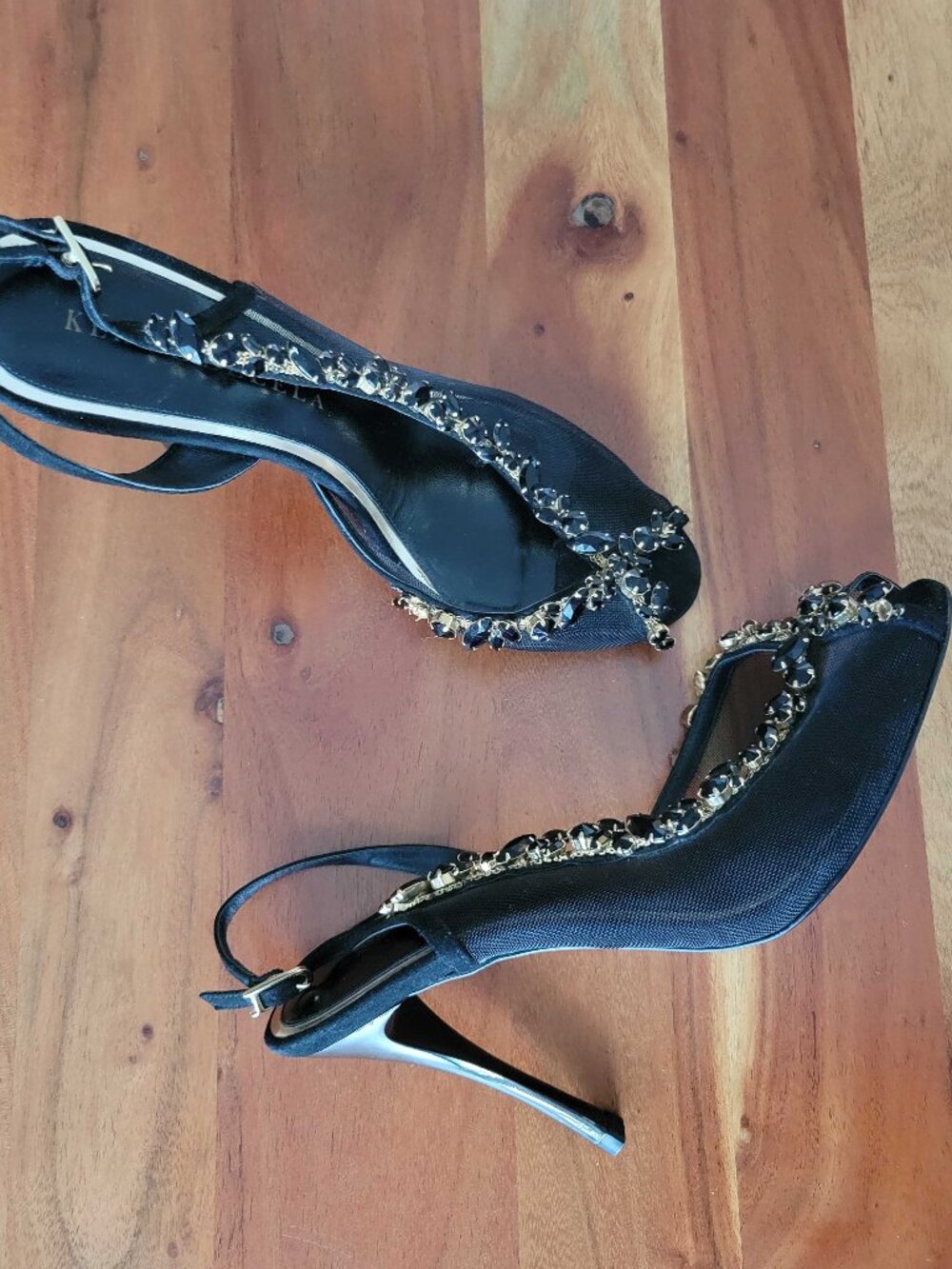 Ker by Dellela Black Mesh Leather Crystal Jeweled Slingback Stiletto Sandals 36